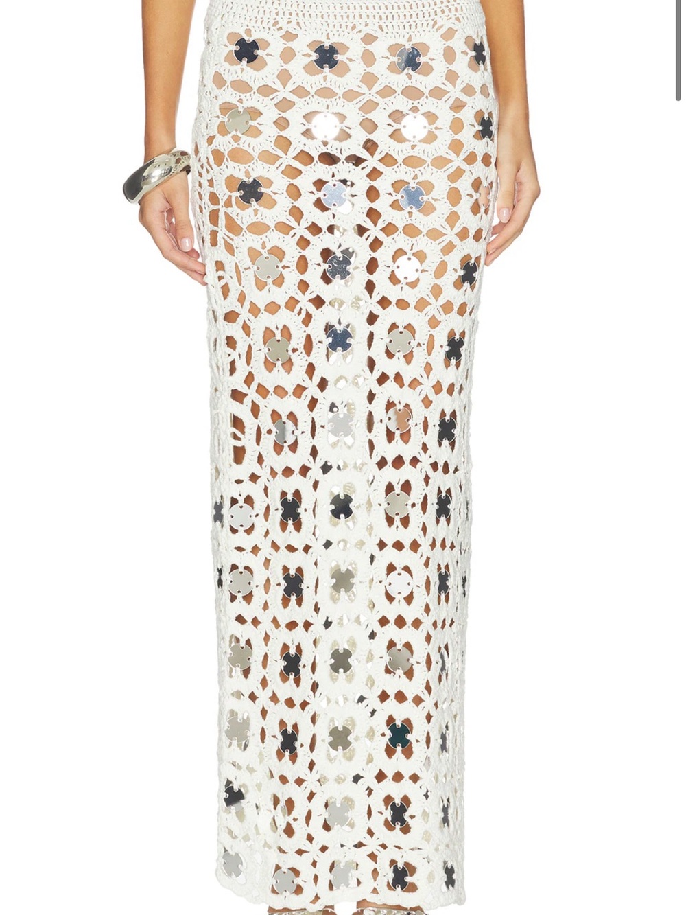 superdown White Crochet Maxi Skirt with Silver Sequin Flowers - worn once